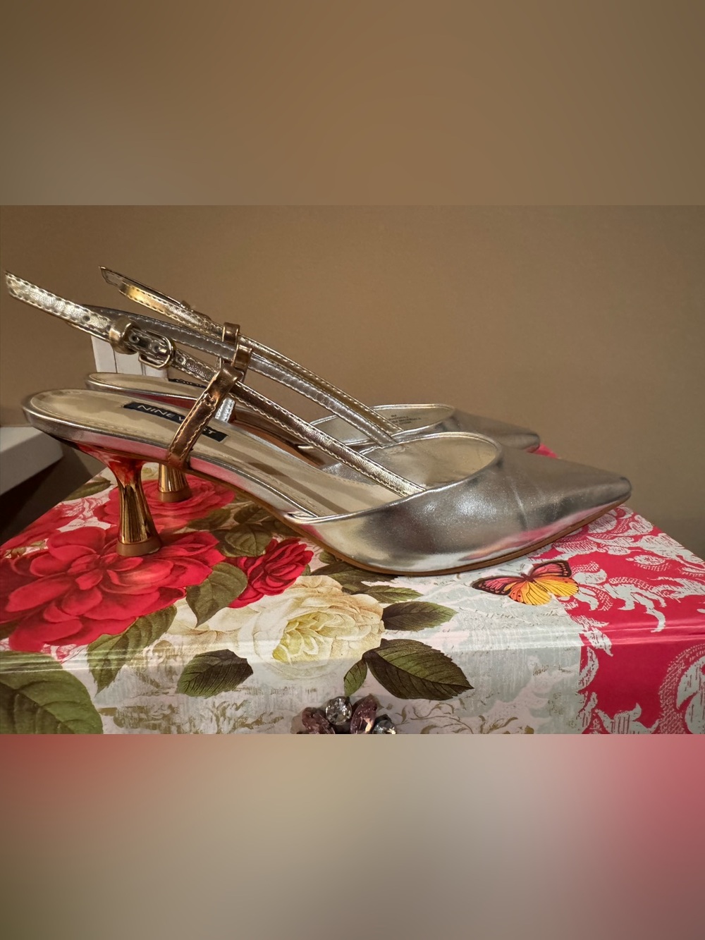 Nine West Metallic Silver Pointed Slingback Heels